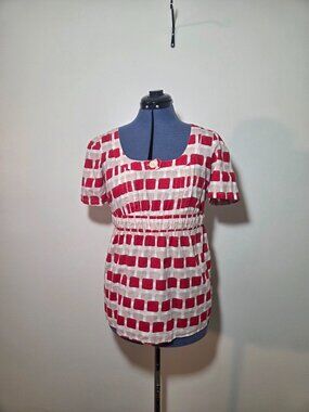 Piper and Blue Y2K Red and Cream Geometric Print Short Sleeve Peplum Blouse